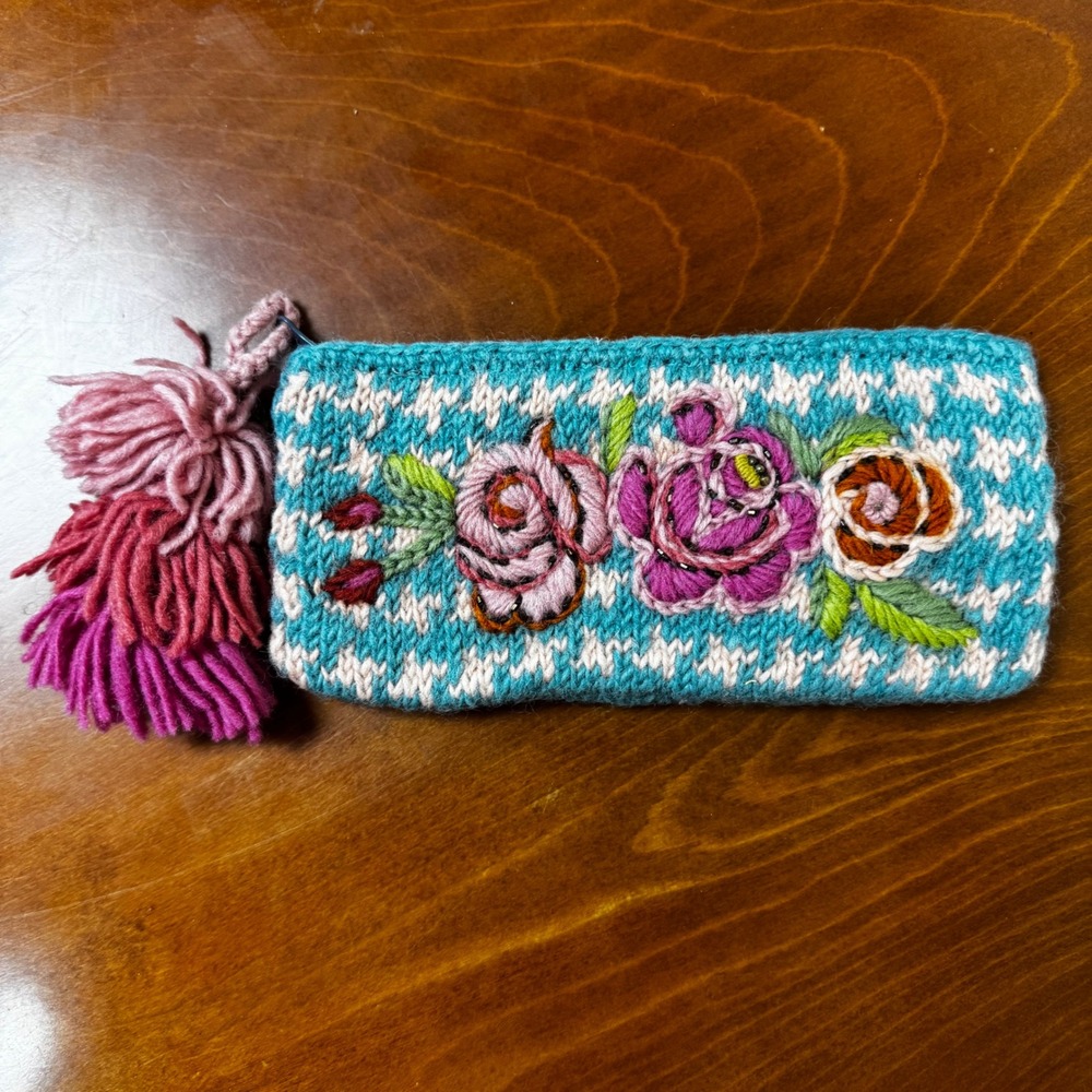 French Knot Pouch Womens 9x4 Teal Floral Houndstooth Embroidered Wool Tassel New